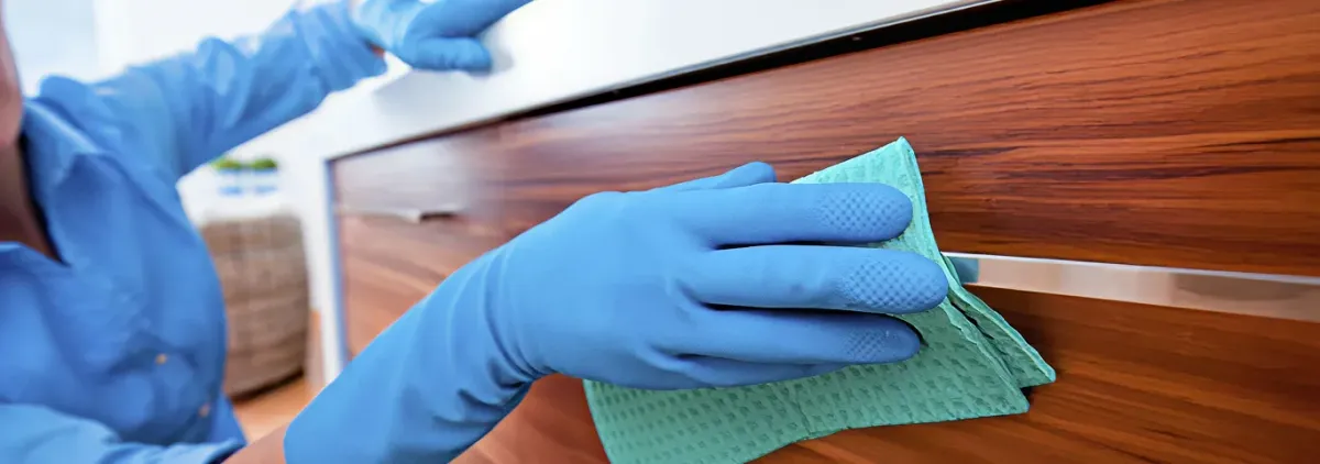 Cleaner wearing blue gloves wiping a wooden cabinet drawer with a microfiber cloth for dust and grime removal, New Orleans, LA.